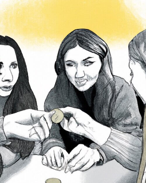 Woman displaying Sobriety Coin to friends as a symbol of addiction recovery
