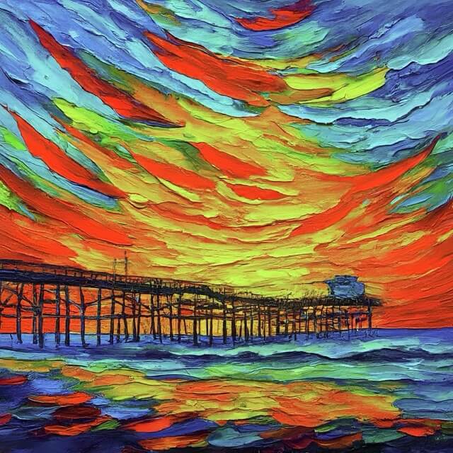 Oil-painting style illustration of the PB pier at sunset, used to header the dual diagnosis sober living guide