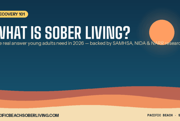 What is sober living? Pacific Beach Recovery sober living apartments for young adults in San Diego at sunset over the ocean.