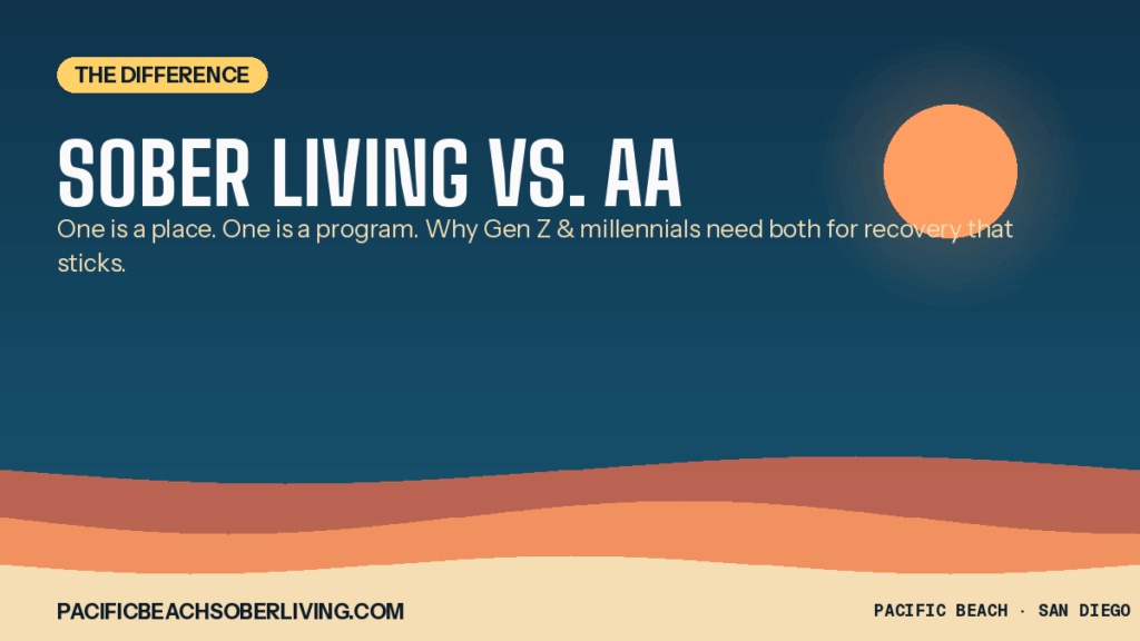 Sober living vs AA: comparison graphic for young adults in recovery, Pacific Beach Recovery San Diego.
