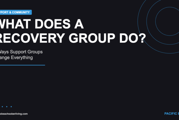Recovery group benefits explained with support and community text on dark background