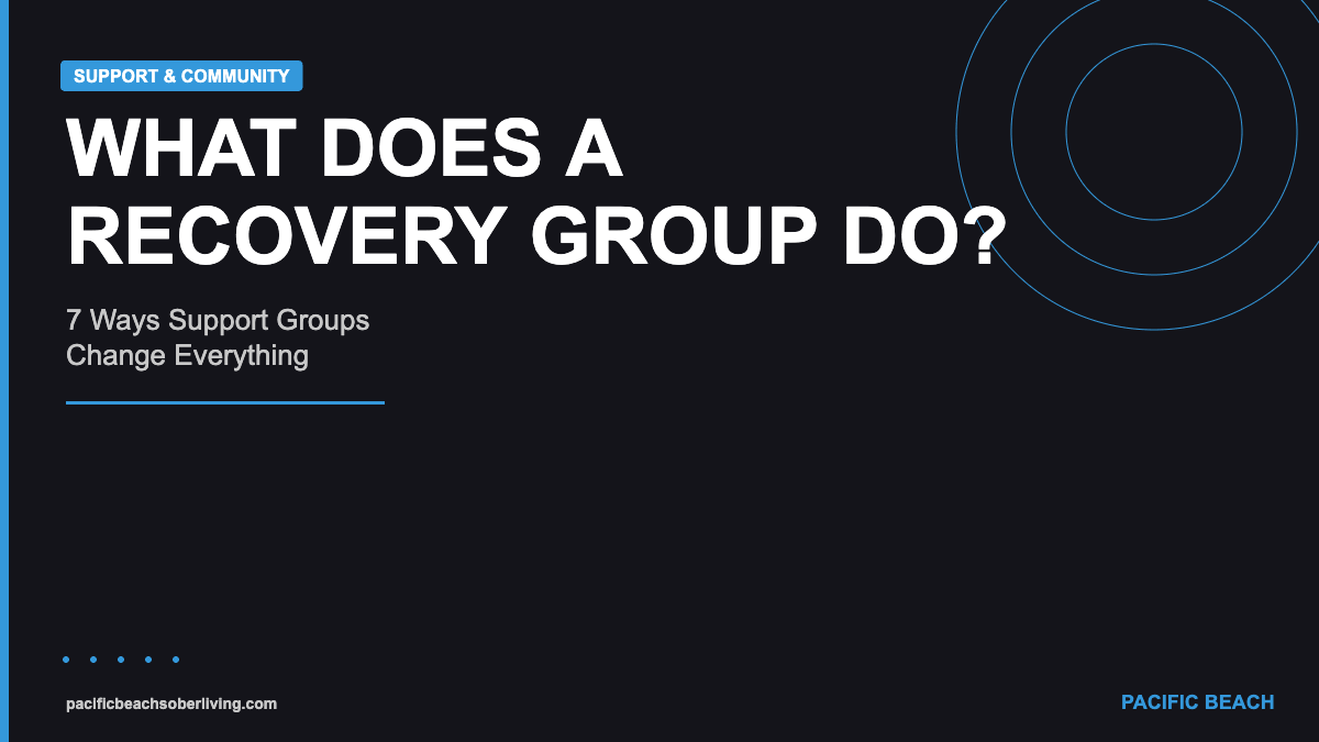 Recovery group benefits explained with support and community text on dark background