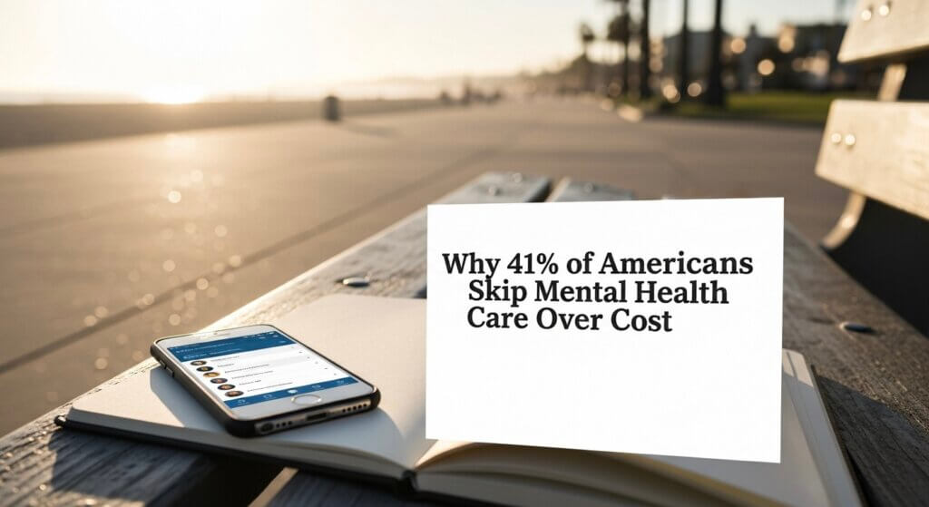 Pacific Beach boardwalk bench with notebook and phone — editorial thumbnail on the cost barrier to mental health care, Pacific Beach Recovery San Diego