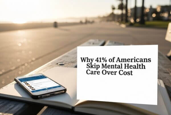 Pacific Beach boardwalk bench with notebook and phone — editorial thumbnail on the cost barrier to mental health care, Pacific Beach Recovery San Diego