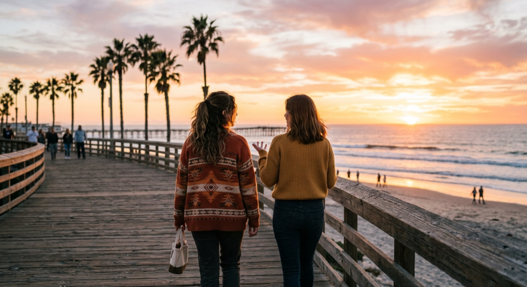 Two friends talking on the Pacific Beach boardwalk at sunset, illustrating openness in addiction stigma recovery