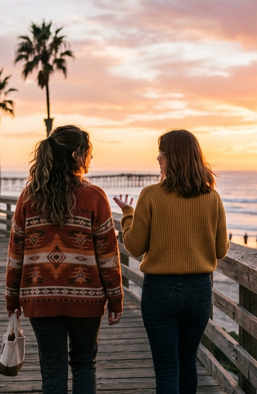 Two friends talking on the Pacific Beach boardwalk at sunset, illustrating openness in addiction stigma recovery