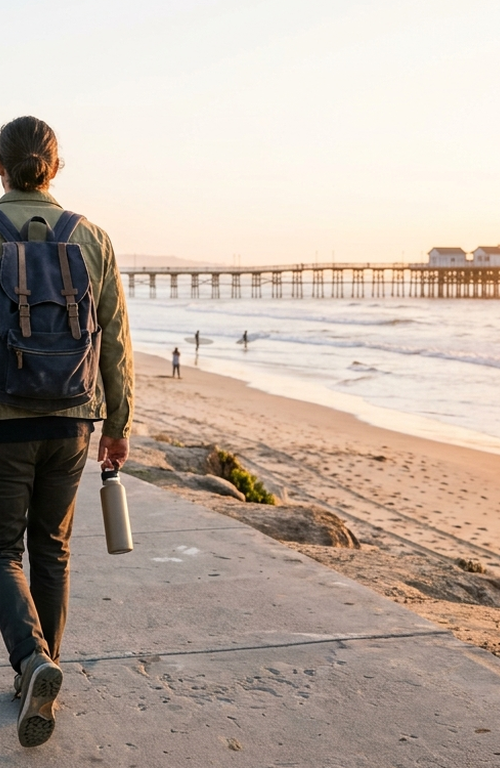 Person with a backpack heading out along the Pacific Beach boardwalk, a fresh start using the San Diego WorkReady Hub