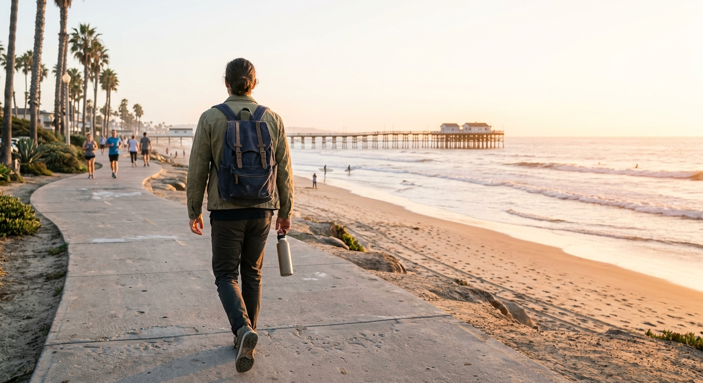 Person with a backpack heading out along the Pacific Beach boardwalk, a fresh start using the San Diego WorkReady Hub