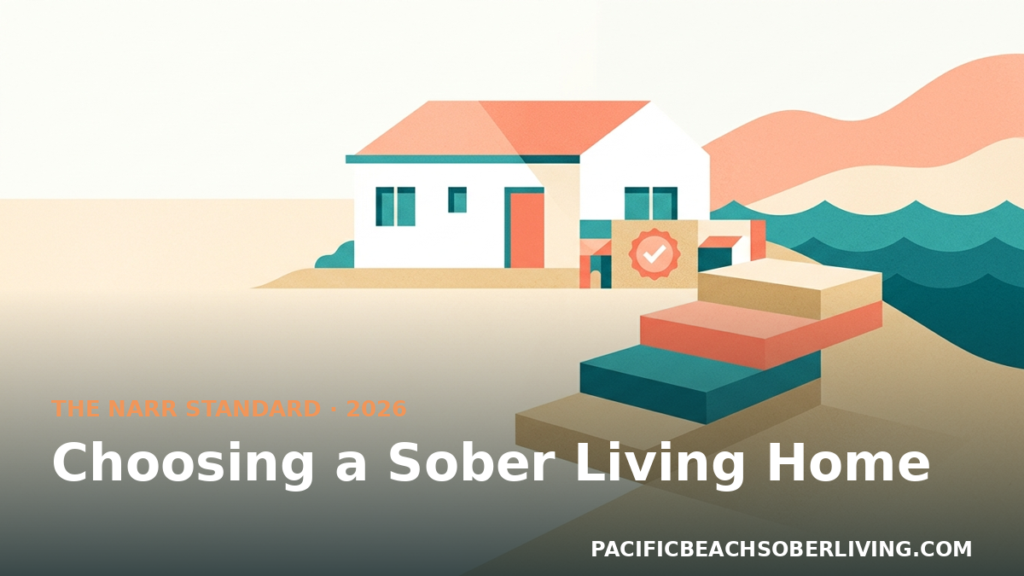 Four ascending tiers beside a coastal house showing how to choose a sober living home in San Diego