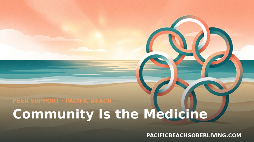 Linked figures forming a ring on a beach illustrating peer support in recovery at Pacific Beach sober living