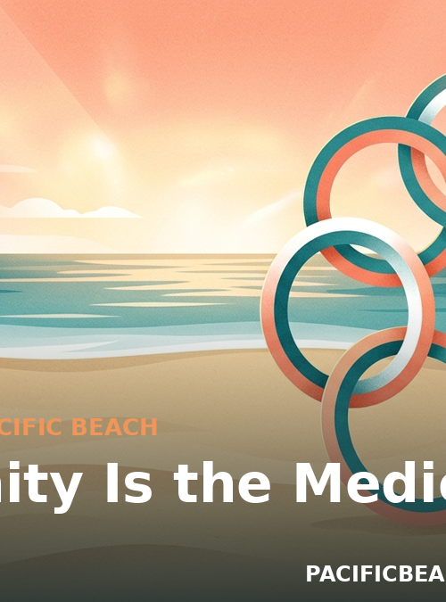 Linked figures forming a ring on a beach illustrating peer support in recovery at Pacific Beach sober living