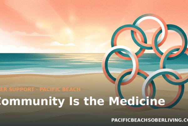 Linked figures forming a ring on a beach illustrating peer support in recovery at Pacific Beach sober living