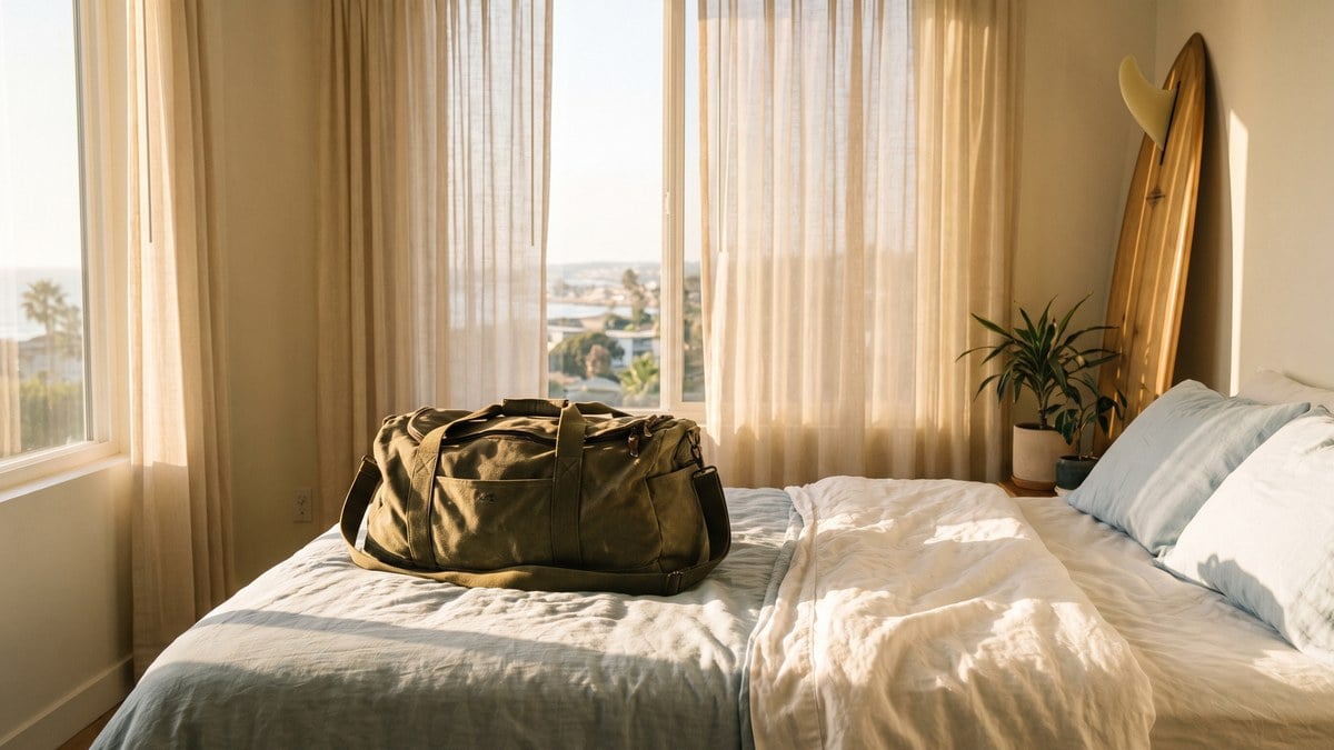 Packed duffel bag on a made bed on move-in day for a first week in sober living