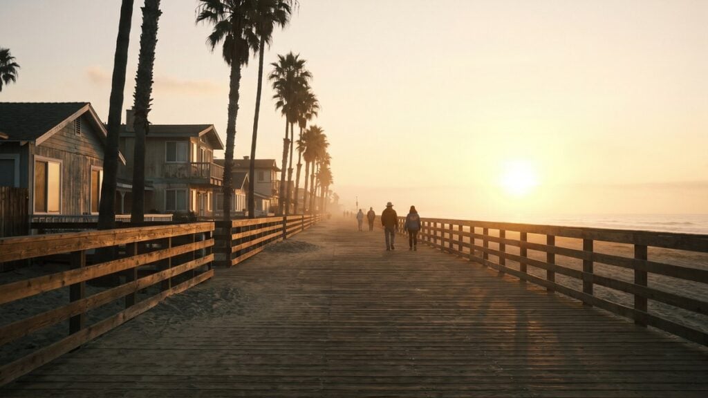 Long Pacific Beach boardwalk at sunrise showing the long road of a sober living stay