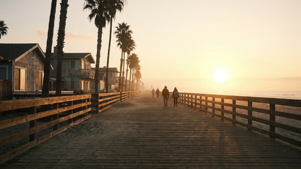 Long Pacific Beach boardwalk at sunrise showing the long road of a sober living stay