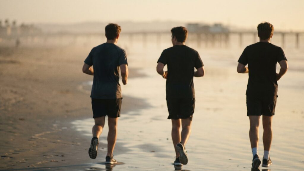 Men walking to a beach workout at sunrise near a San Diego men's sober living home