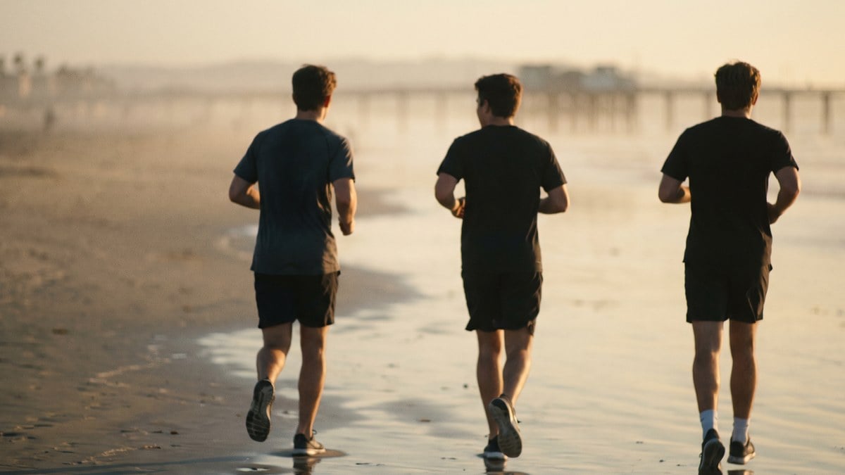 Men walking to a beach workout at sunrise near a San Diego men's sober living home