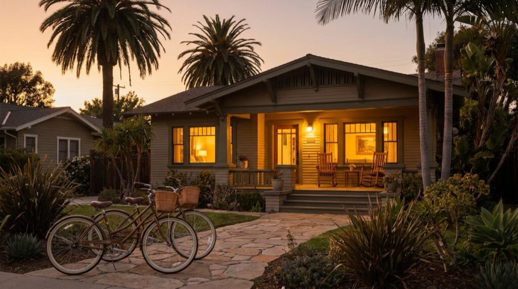Craftsman-style halfway house in San Diego with a warmly lit front porch at dusk