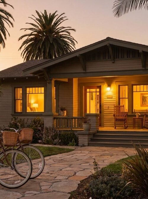 Craftsman-style halfway house in San Diego with a warmly lit front porch at dusk
