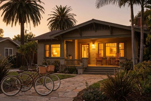 Craftsman-style halfway house in San Diego with a warmly lit front porch at dusk