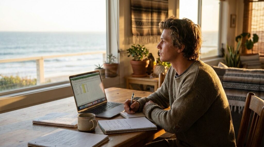 Young adult planning a Medi-Cal sober living budget with laptop and notebook at a sunlit beach house table