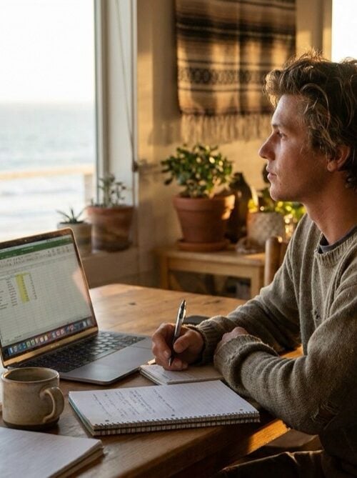 Young adult planning a Medi-Cal sober living budget with laptop and notebook at a sunlit beach house table