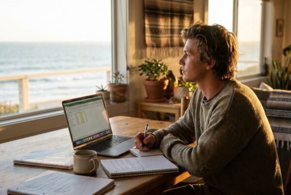 Young adult planning a Medi-Cal sober living budget with laptop and notebook at a sunlit beach house table