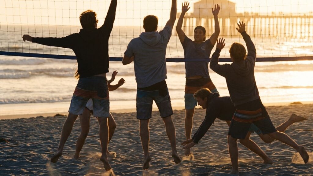 Young adults playing beach volleyball at golden hour near young adult sober living in San Diego