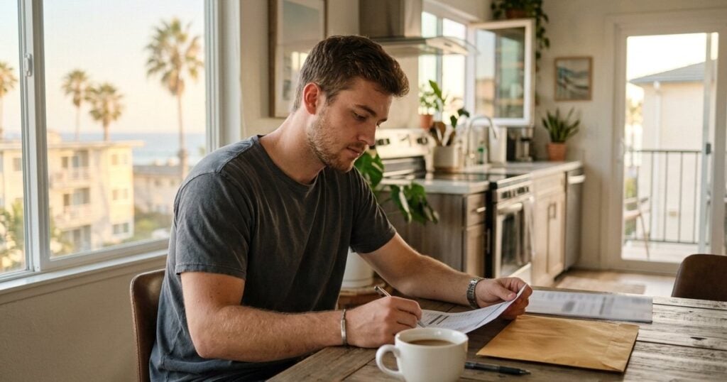 Young man reviewing a budget at a kitchen table in a bright Pacific Beach apartment