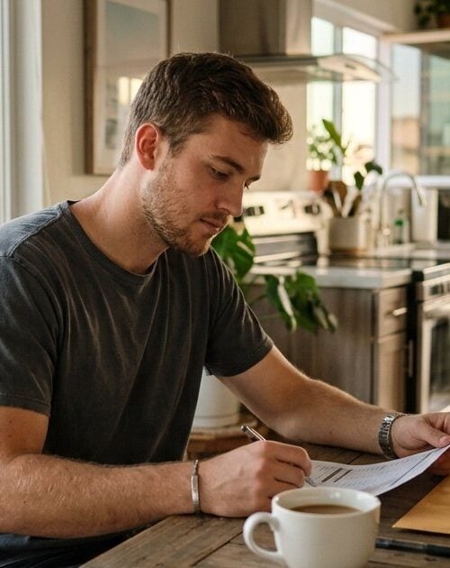 Young man reviewing a budget at a kitchen table in a bright Pacific Beach apartment