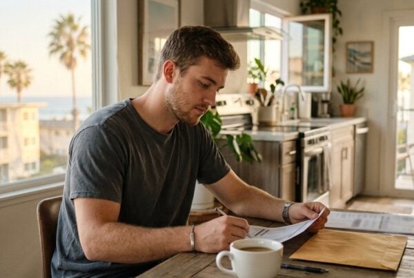 Young man reviewing a budget at a kitchen table in a bright Pacific Beach apartment