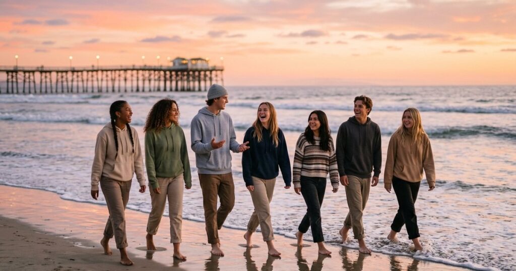Gen Z friends walking barefoot along the Pacific Beach shoreline at dusk with Crystal Pier behind them