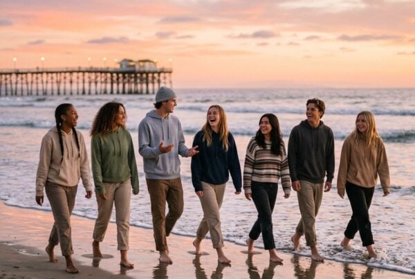 Gen Z friends walking barefoot along the Pacific Beach shoreline at dusk with Crystal Pier behind them