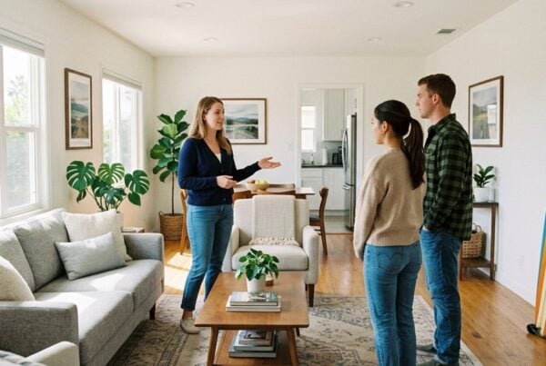 House manager showing two young adults around a bright sober living home in San Diego