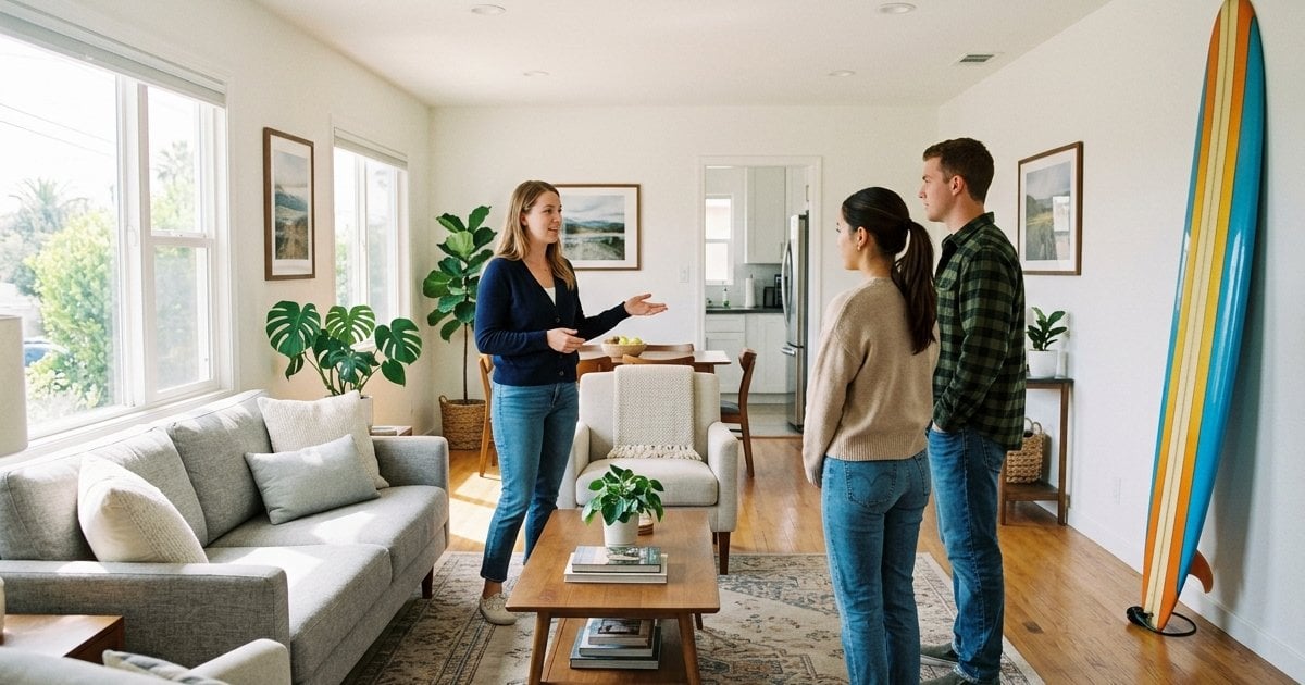 House manager showing two young adults around a bright sober living home in San Diego