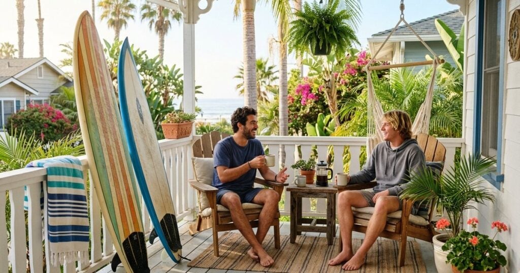 Two housemates talking on the porch of a Pacific Beach sober living home with surfboards and palm trees