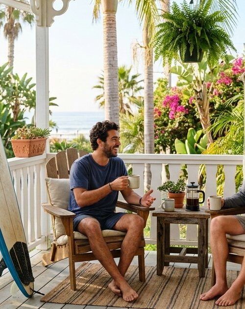 Two housemates talking on the porch of a Pacific Beach sober living home with surfboards and palm trees