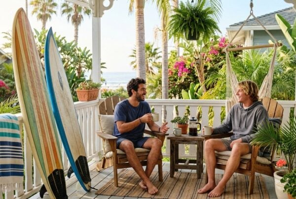 Two housemates talking on the porch of a Pacific Beach sober living home with surfboards and palm trees