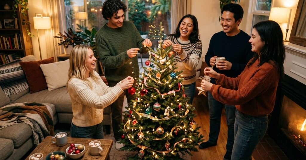 Housemates decorating a holiday tree together with mugs of cocoa in a San Diego sober living home