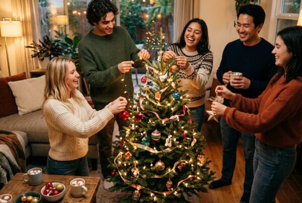 Housemates decorating a holiday tree together with mugs of cocoa in a San Diego sober living home